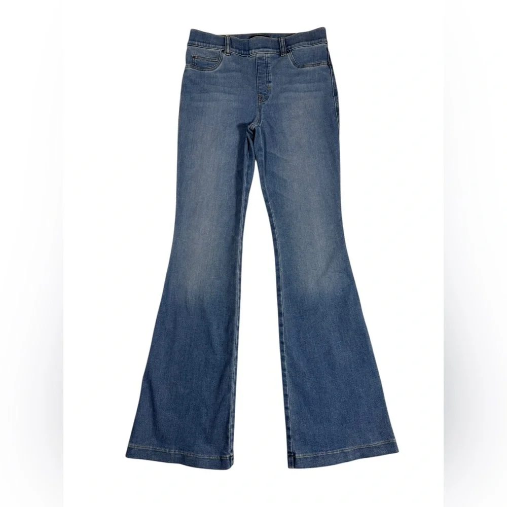 SPANX Women’s Sz Medium Bootcut Flare Jeans Blue Stretch Denim High Rise Casual